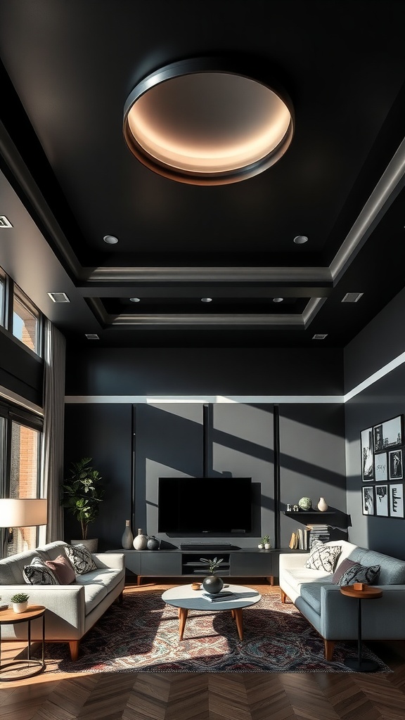 A modern living room featuring a black ceiling with circular light fixtures and stylish furniture