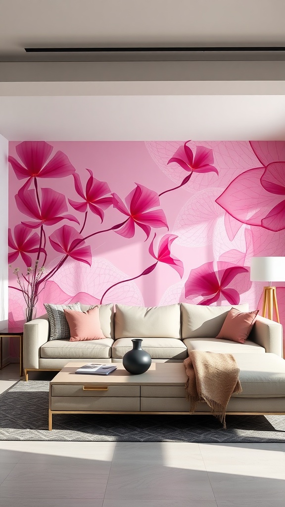 A stylish living room featuring a pink floral mural on the wall, with a beige sofa and a neutral decor setup.