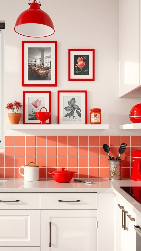 A modern kitchen with red wall decor, featuring framed artwork, a red pendant light, and a checkered backsplash.