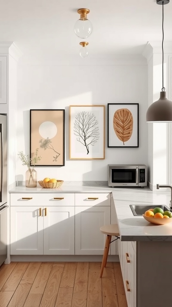 A cozy neutral kitchen featuring artistic wall decor with framed nature-themed prints.