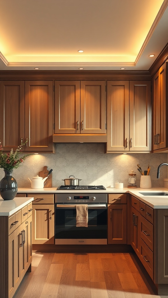 A cozy kitchen featuring ash brown cabinets, warm lighting, and sleek appliances.