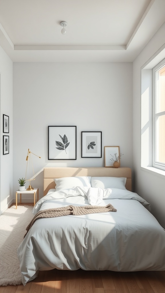 A minimalist bedroom with a neatly made bed, framed art on the walls, and natural light coming through the window.