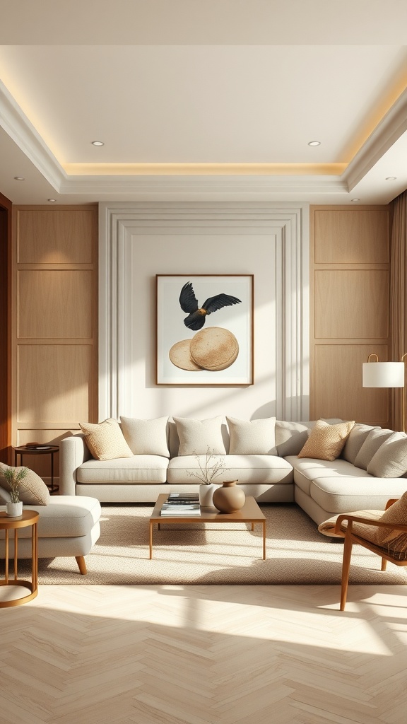 A stylish beige living room featuring a comfortable L-shaped sofa, elegant decor items, and natural light.