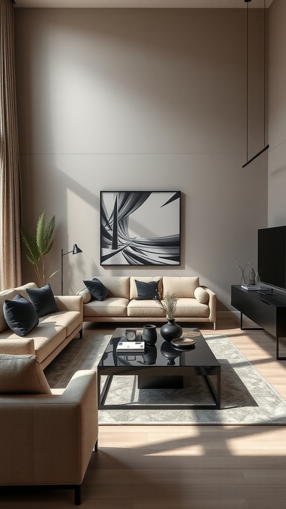 A modern living room featuring beige sofas, a black coffee table, and abstract black and white art.