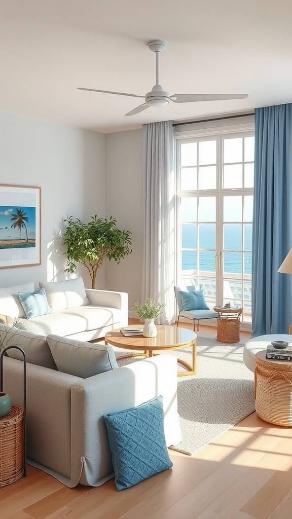 A beige living room decorated with blue accents, featuring a comfortable sofa, a wooden coffee table, and large windows overlooking the ocean.