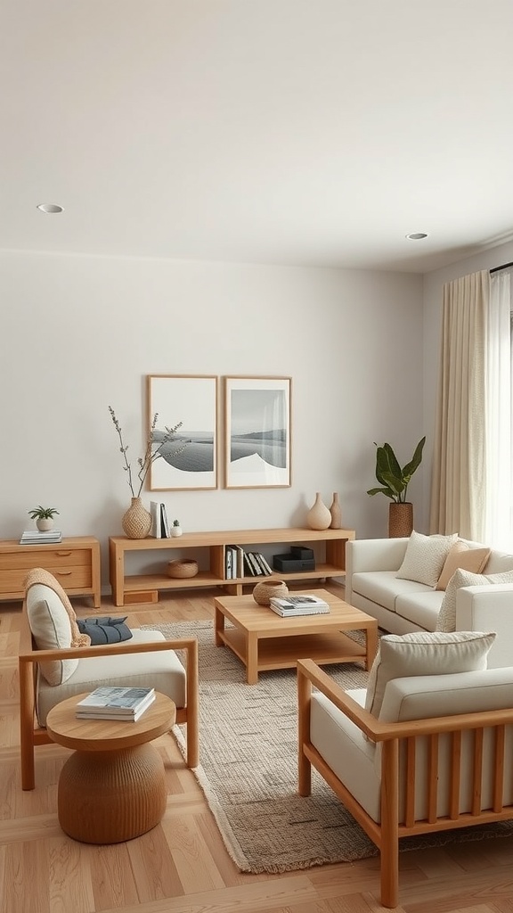 A bright and inviting beige living room with natural wood furniture and greenery.