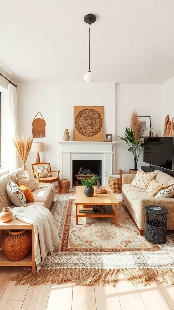 A cozy beige living room showcasing a bohemian style with a sectional sofa, unique coffee table, and decorative elements.