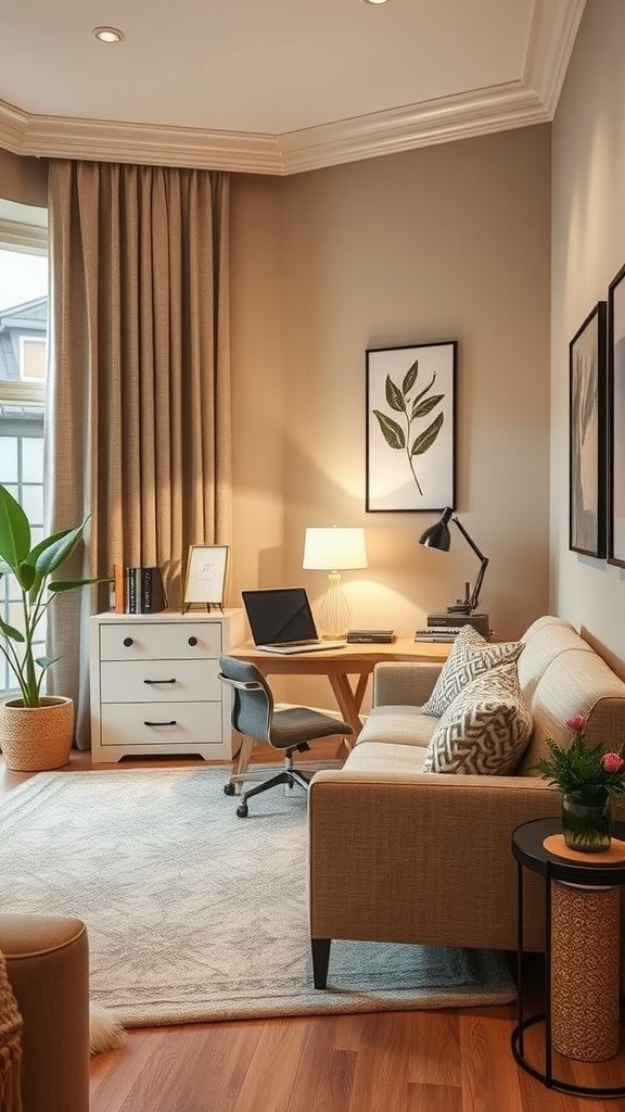 A cozy beige home office nook with a modern desk, colorful chair, and decorative plants