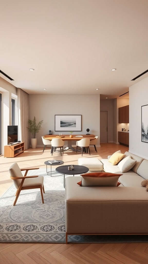 Beige open-concept living space with sectional sofa, coffee table, and dining area