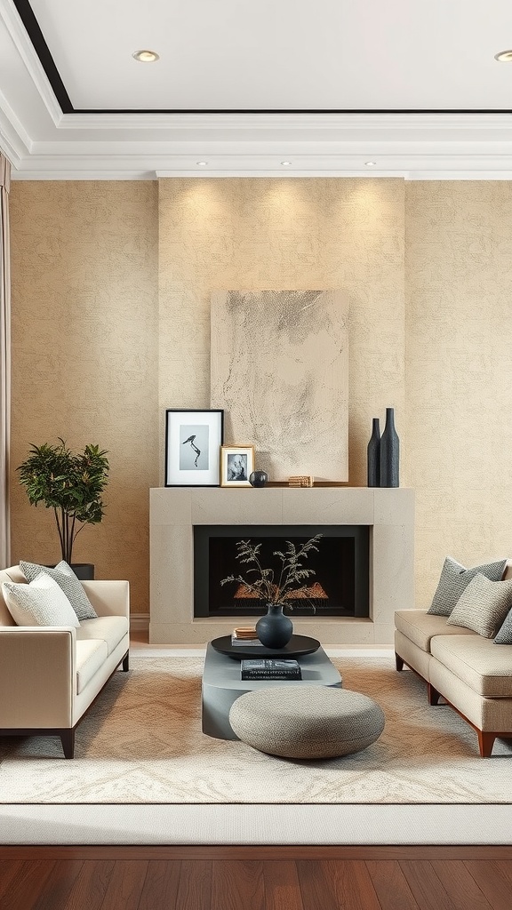 Cozy living room with beige textured wallpaper, light sofa, and stylish decor.