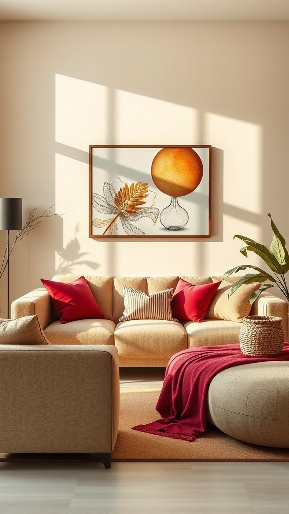 A beige living room featuring a beige sofa with red pillows, a throw blanket, and a piece of art with orange and yellow tones on the wall.