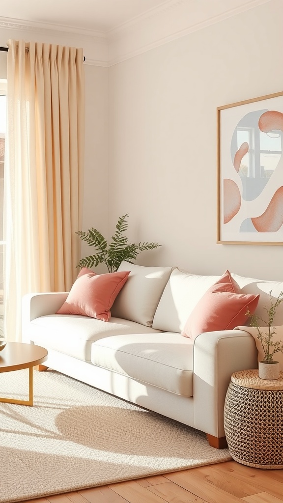 Cozy beige living room with soft pink accents, featuring a sofa, decorative pillows, and a small plant.