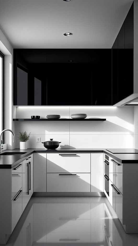 A modern kitchen with black upper cabinets and white lower cabinets, showcasing a sleek design.