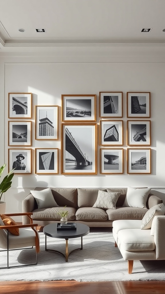 A living room featuring a stylish arrangement of black and white photographs on a wall, accompanied by modern furniture.