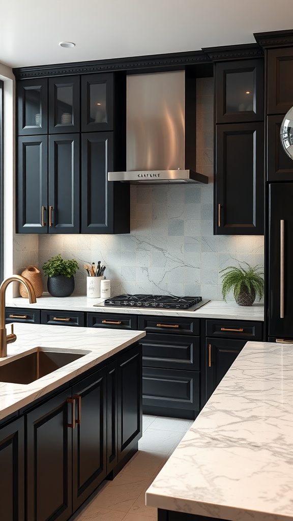 Modern kitchen featuring black cabinets and marble countertops.