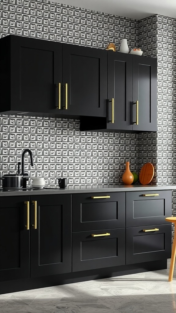 A modern kitchen featuring black cabinets and bold patterned wallpaper.