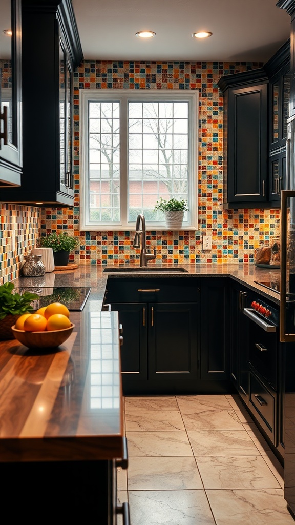 A kitchen with black cabinets and a colorful mosaic backsplash