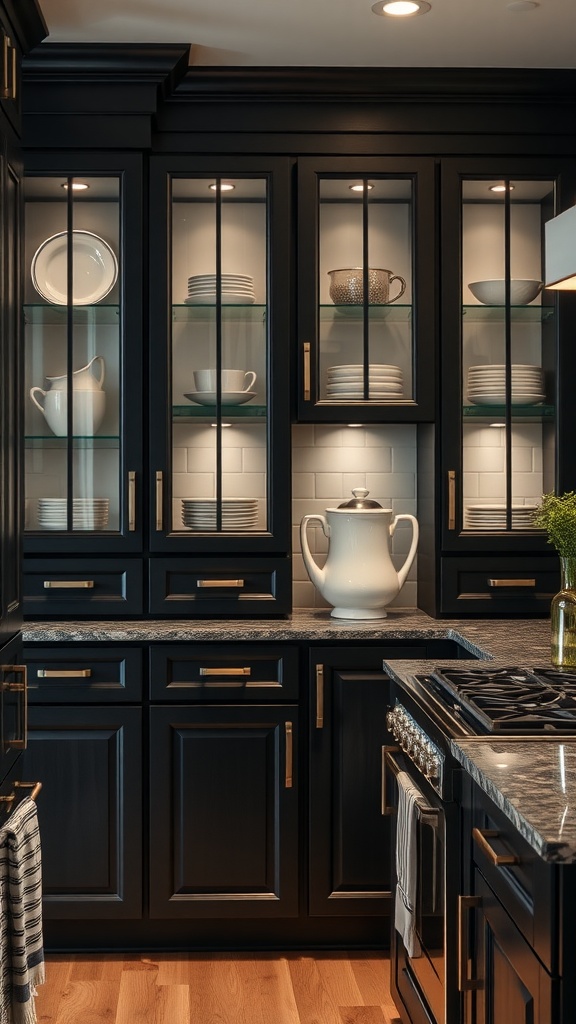 Black kitchen cabinets with glass fronts showcasing white dishes and decor.