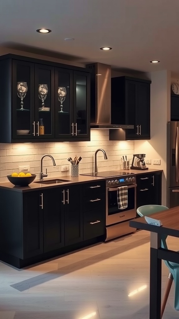 A modern kitchen featuring black cabinets with under-cabinet lighting, showcasing a stylish and inviting space.