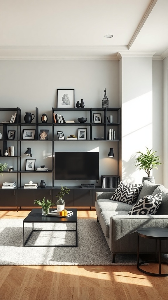 A stylish black living room featuring a modern shelving unit displaying decorative items, a television, and a cozy sofa.