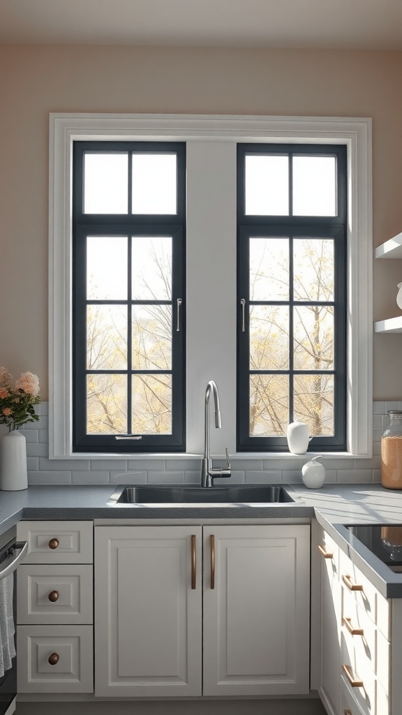 A modern kitchen featuring black frame windows above the sink, white cabinets, and a stylish countertop.