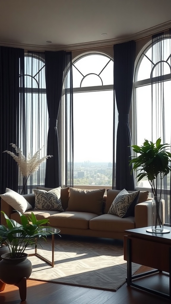 A stylish living room featuring black window treatments, a beige sofa, and large windows with a view.