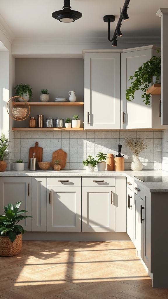 A stylish kitchen featuring light gray cabinets, wooden shelves, houseplants, and clean lines.