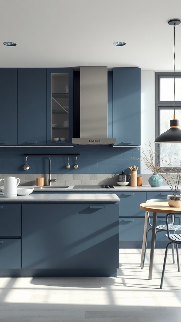 A modern kitchen featuring deep blue cabinets and a gray backsplash, with natural light and a round wooden table.