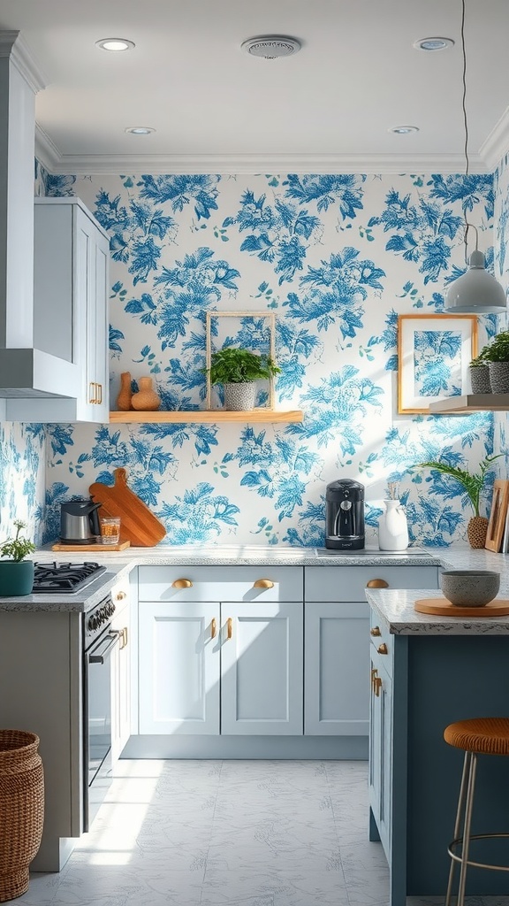 A bright kitchen featuring blue floral wallpaper, soft blue cabinetry, and natural elements.