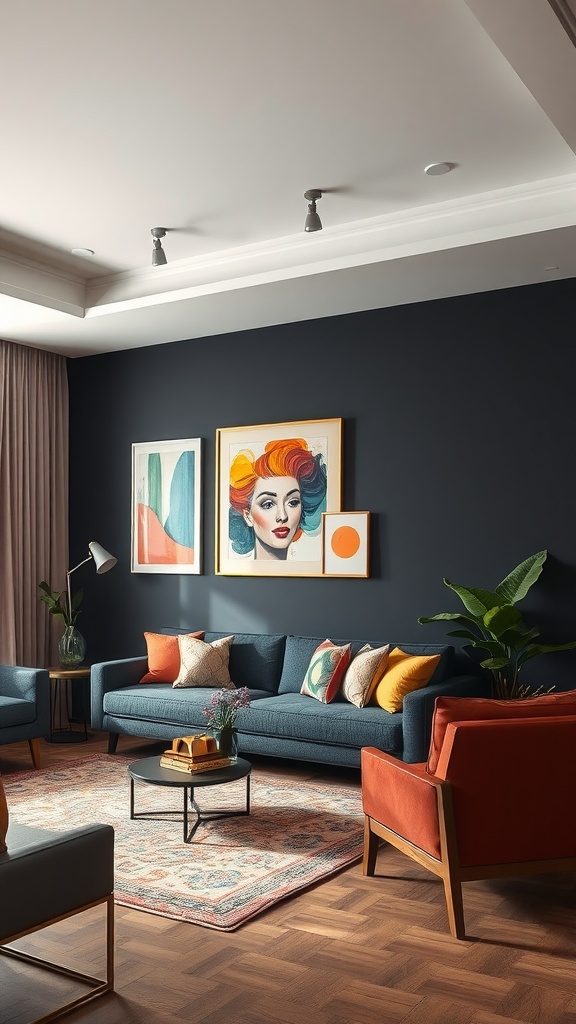 A stylish living room featuring a bold black accent wall, colorful furniture, and vibrant artwork.