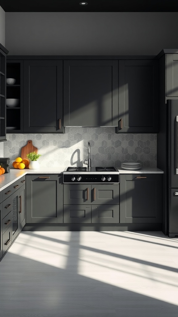 A modern kitchen featuring dark gray cabinets with bold black hardware and a stylish backsplash.