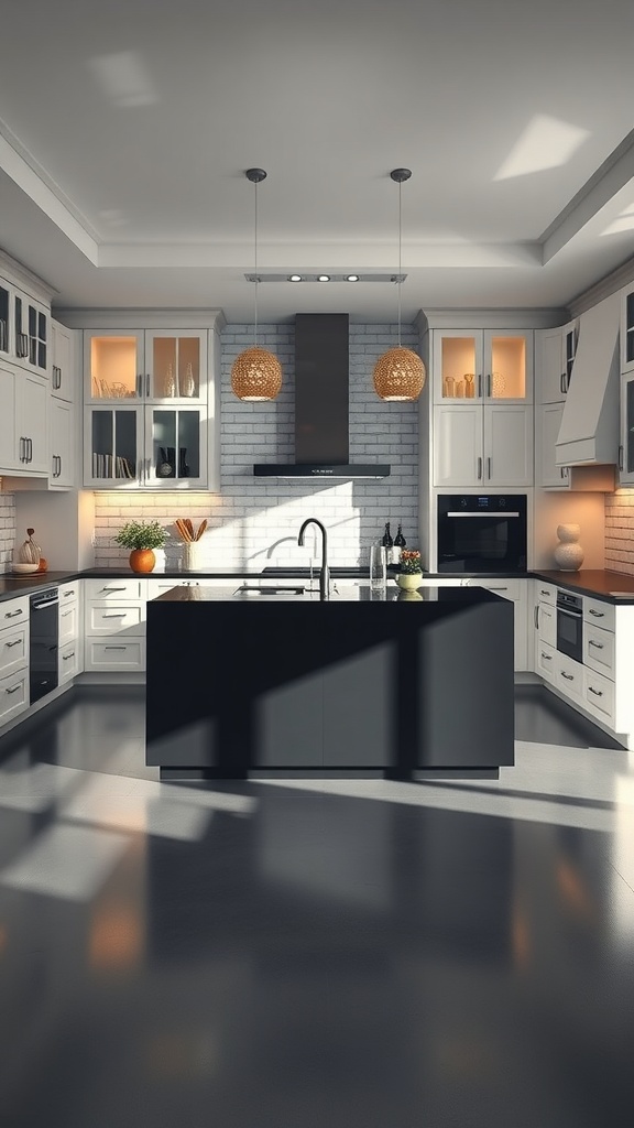 A modern kitchen featuring a bold black island with white cabinets and pendant lighting.