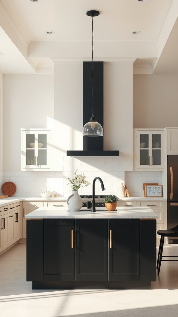 A modern kitchen featuring a bold black island, light cabinetry, and ample natural light.