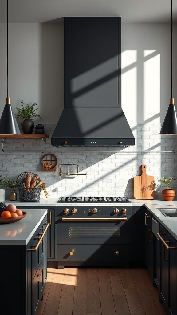 A modern kitchen featuring a bold black vent hood, elegant cabinetry, and gold accents.