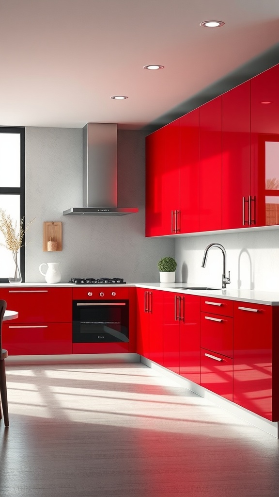 A modern kitchen featuring bold cherry red cabinets and sleek stainless steel appliances.