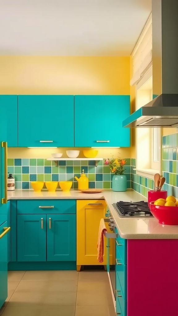 Bright turquoise kitchen with yellow accents and modern appliances.