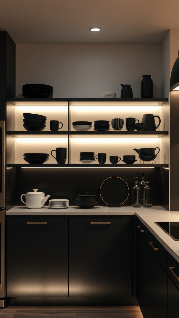 Modern black and white kitchen with backlit shelves showcasing black dishware