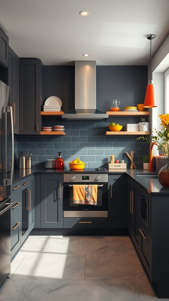 A stylish kitchen featuring dark gray cabinets, bright fixtures, and colorful decorations.