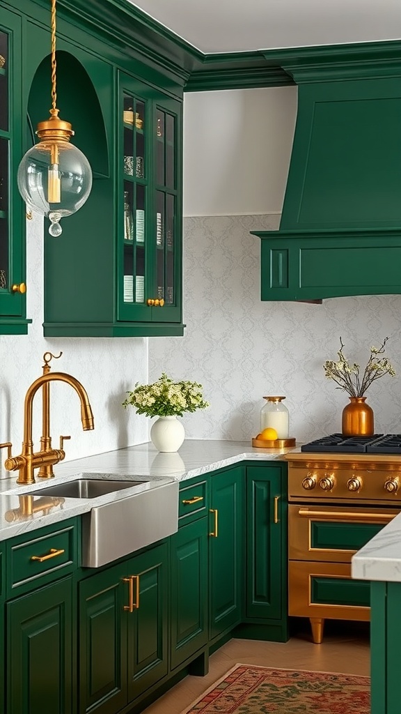 A modern kitchen featuring bold forest green cabinets with gold fixtures and a stylish design.