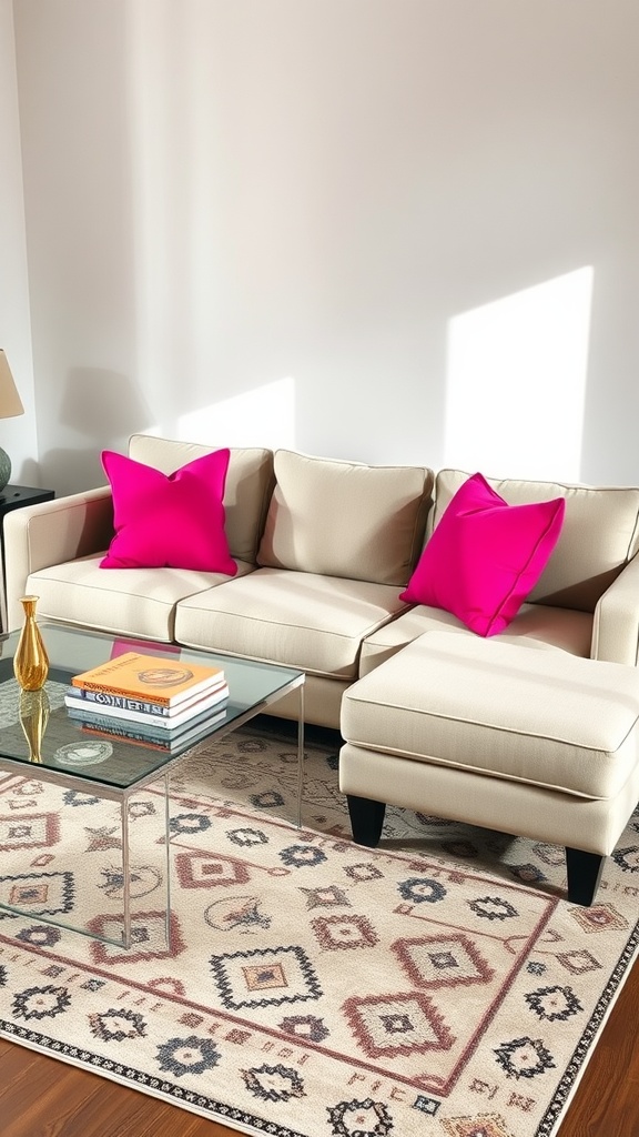 A cozy living room with a beige couch adorned with hot pink throw pillows and a glass coffee table.