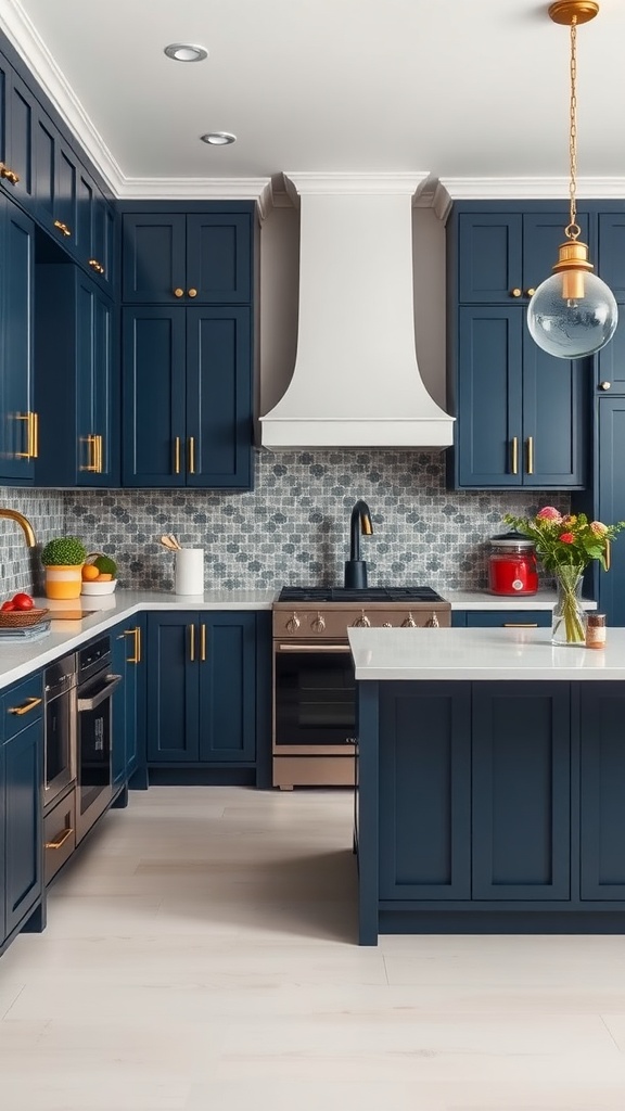 Modern kitchen featuring bold navy blue cabinets with gold hardware and light countertops.