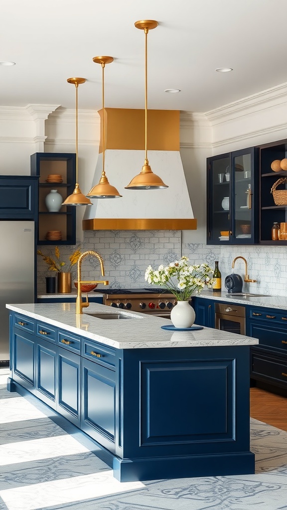 Navy kitchen island with gold fixtures