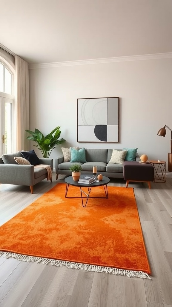 A bright orange area rug with a circular pattern in a modern living room with an orange sofa and large windows.