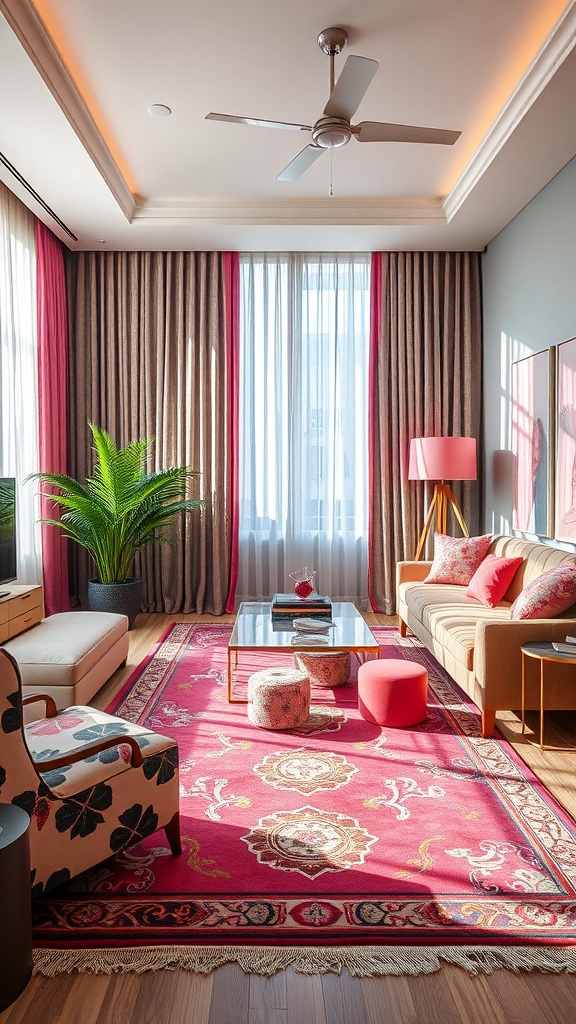 A stylish living room featuring bold patterns and pink accents, showcasing a vibrant rug, patterned armchair, and pink decor elements.