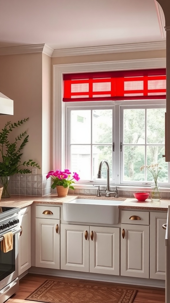 A modern kitchen featuring a bright red valance over the window, white cabinetry, and wooden accents.