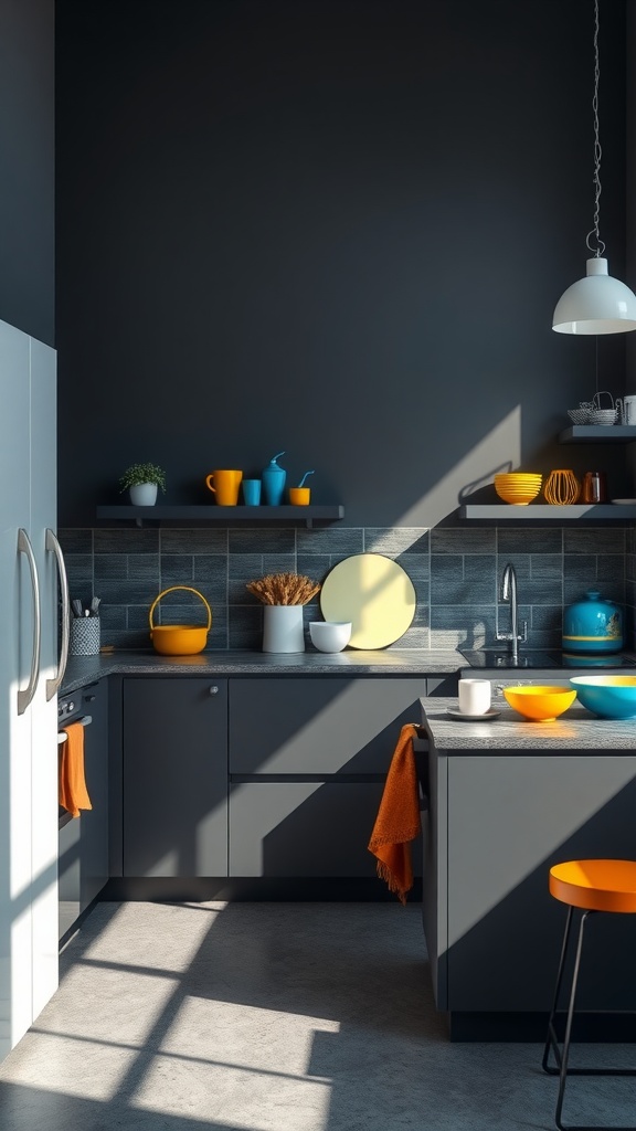 A modern kitchen with dark gray cabinets and bright orange and turquoise accents, showcasing a lively and inviting design.