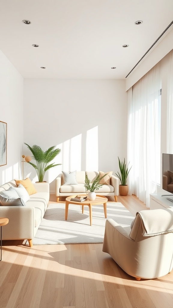 Bright and airy beige living room with natural light, soft furniture, and plants.