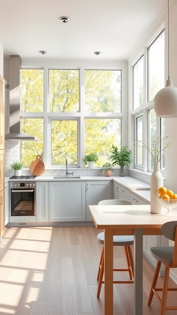 A bright kitchen featuring light gray cabinets with large windows and wooden accents