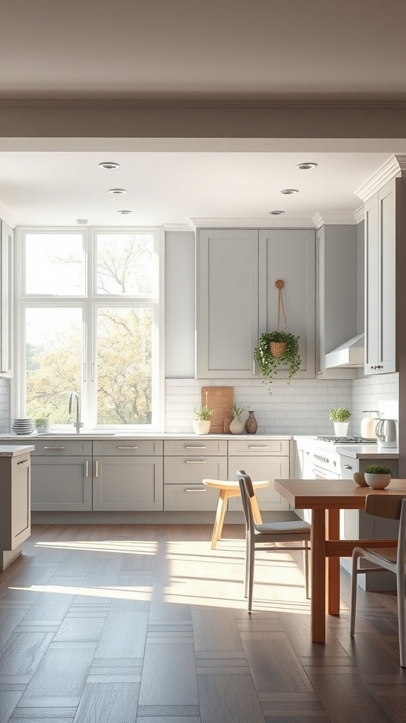 Bright and airy kitchen with light gray cabinets and large windows