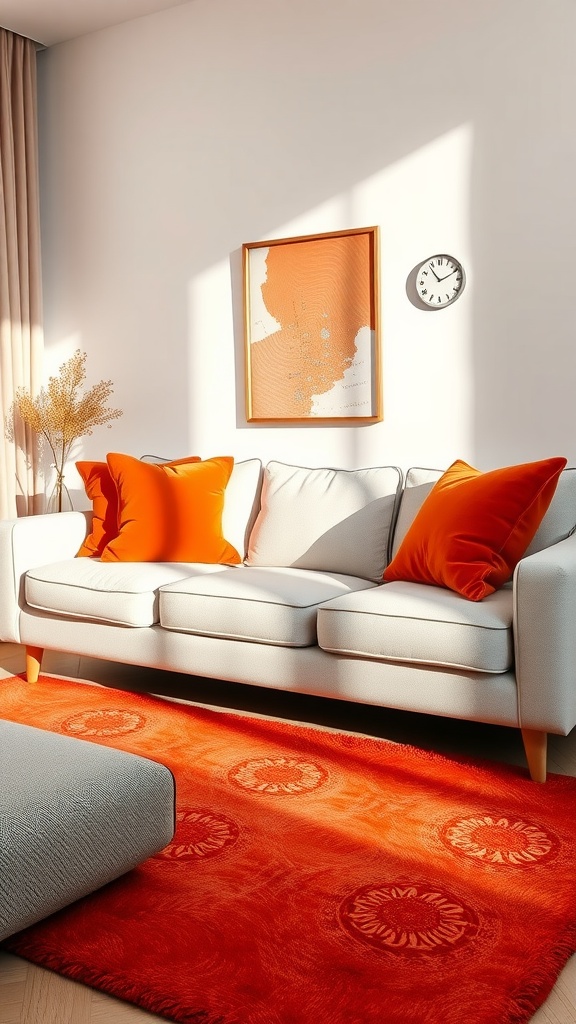 A bright living room featuring orange throw pillows, an orange rug, and orange wall art, enhancing a cheerful atmosphere.